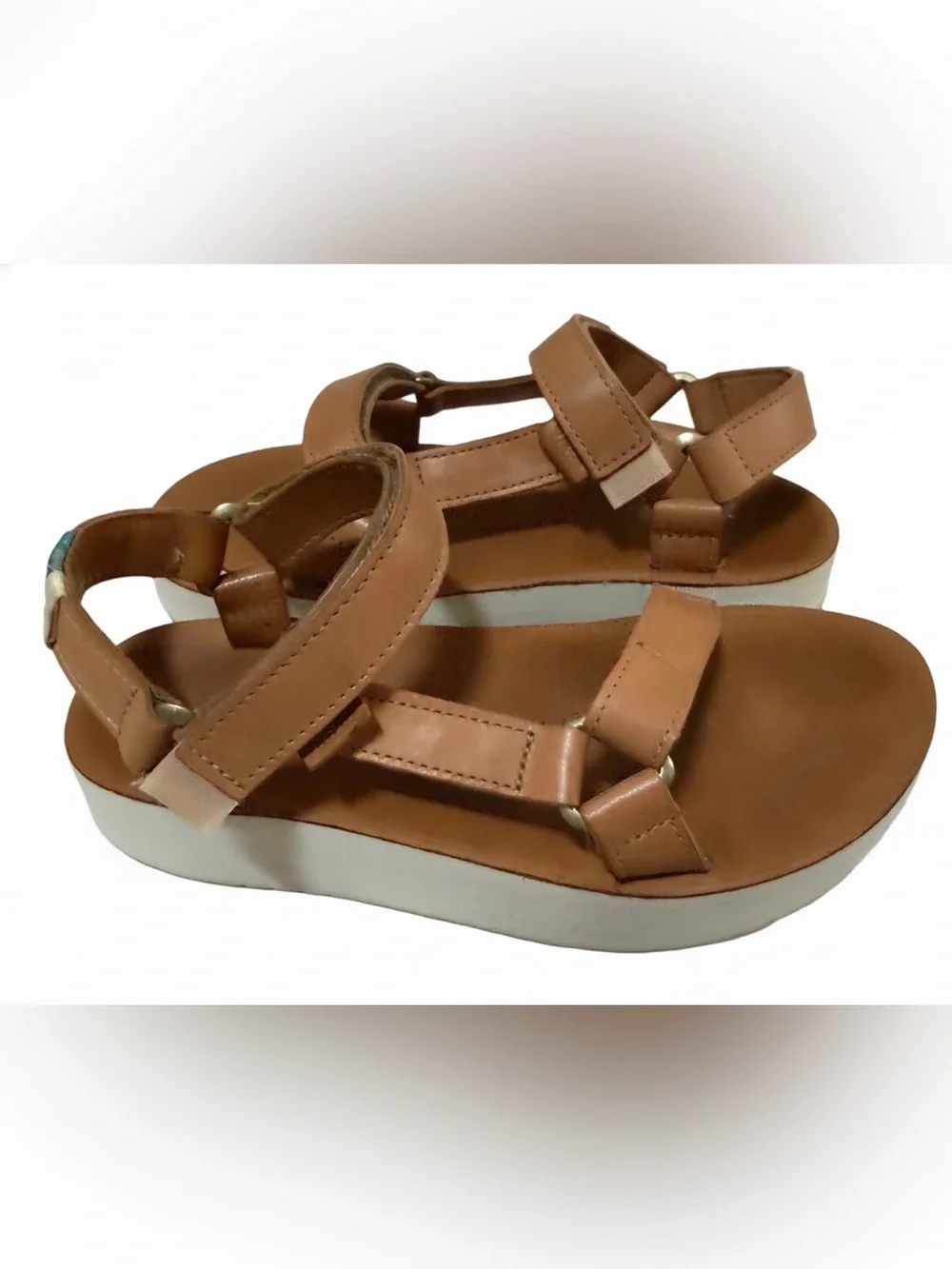 Teva Women’s Platform Sandals with White Soles in Tan, Size 8